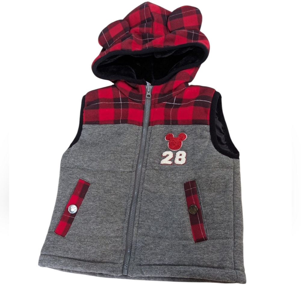 Disney, Junior Mickey Vest ,Buffalo Check, Gray , Fleece Lined Hood. 18 Month
